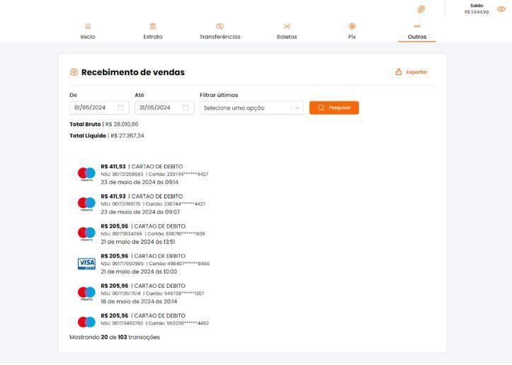 Recebimento de Vendas - Lista de Transações